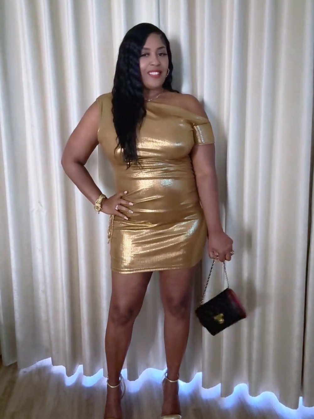 Amazon Gold One-Shoulder Metallic Mini Dress